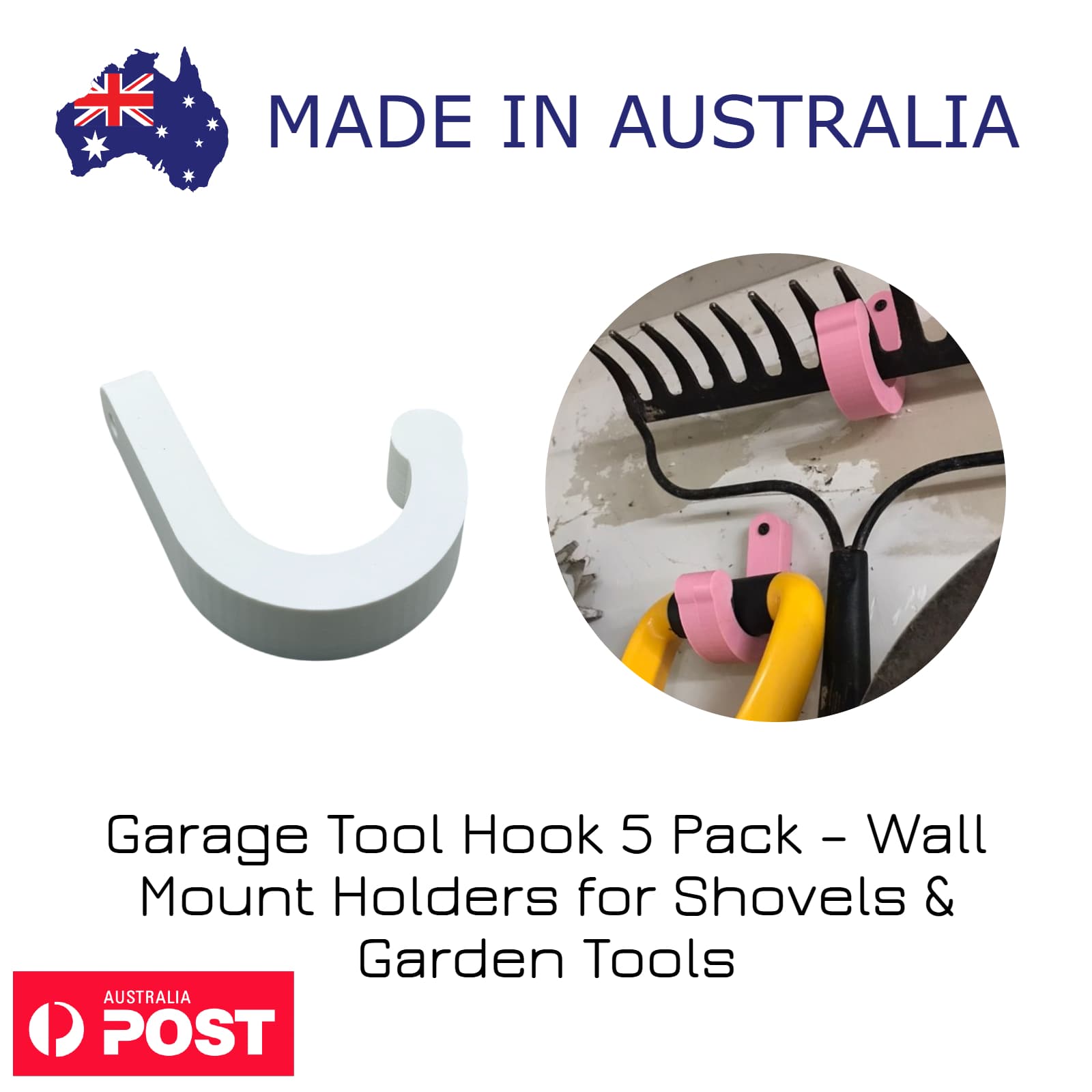 Garage Tool Hook 5 Pack – Wall Mount Holders for Shovels & Garden Tools